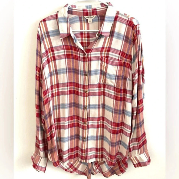 Lucky Brand Womens Plaid Button Up L Shirt Twist Back Hem Blouse Casual Flannel - Picture 3 of 6